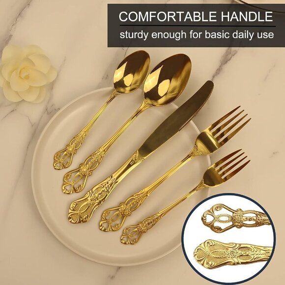 Golden Anti-Rust Stainless Steel 20 Pieces Flatware Set include Fork Spoon Knife - Picture 5 of 7